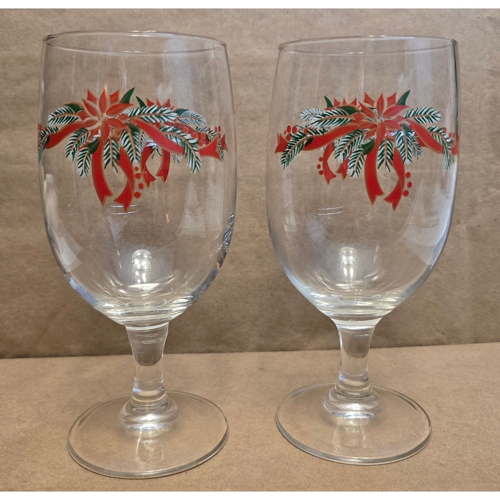 POINSETTIA & RIBBONS GLASSSWARE ICE TEA SET OF 2 GOBLETS 16oz by Fine China